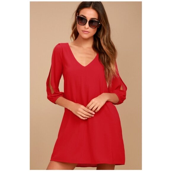 Lulu's Shifting Dears Red Sheer Long Sleeve Mini Dress - Picture 1 of 8